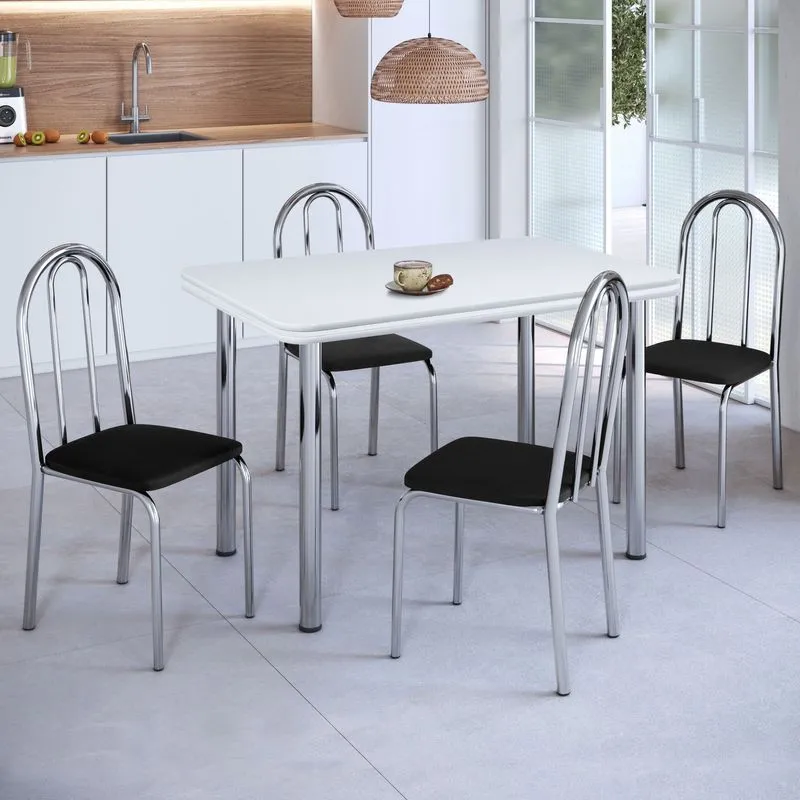 Conjunto Sala De Jantar Mesa Com 4 Cadeiras Cromado/branco/preto