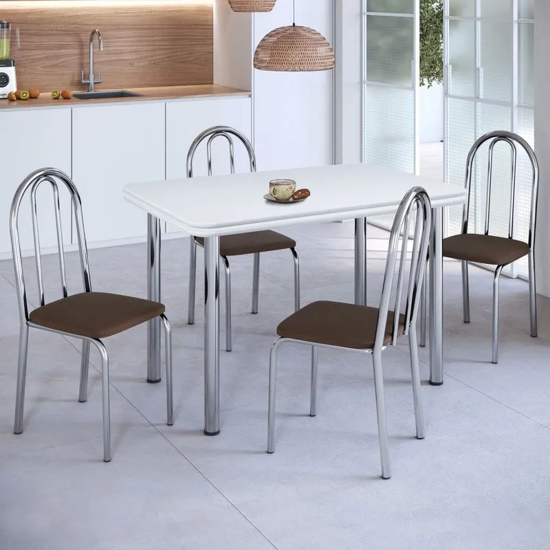 Conjunto Sala De Jantar Mesa Com 4 Cadeiras Cromado/branco/marrom