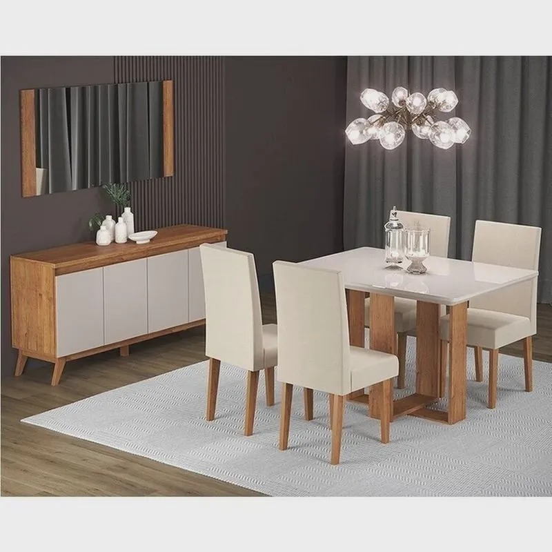 Conjunto Mesa de Jantar Retangular 120x90 Ville com 4 Cadeiras Venus e Buffet 4 Portas Eifel