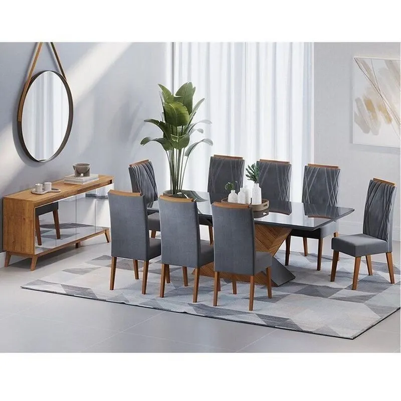 Conjunto Mesa De Jantar Retangular 200x90 Pipa Com 8 Cadeiras Vegas E Buffet 4 Portas Com Espelhos A Mel/cinza/grafite