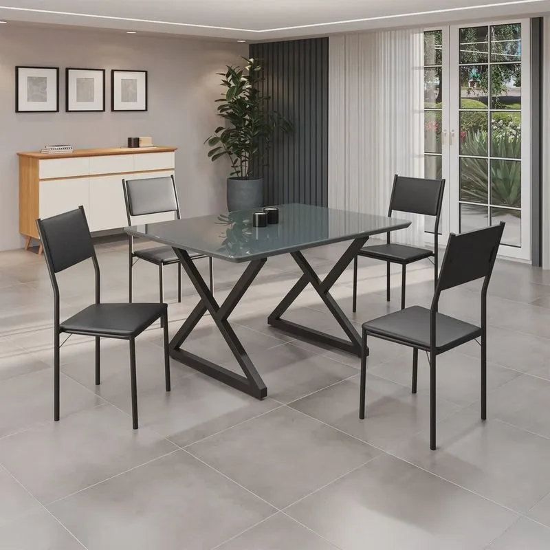 Conjunto Sala de Jantar Mesa 120x90cm Base Império Tampo Mdf Laca com Vidro Florença
