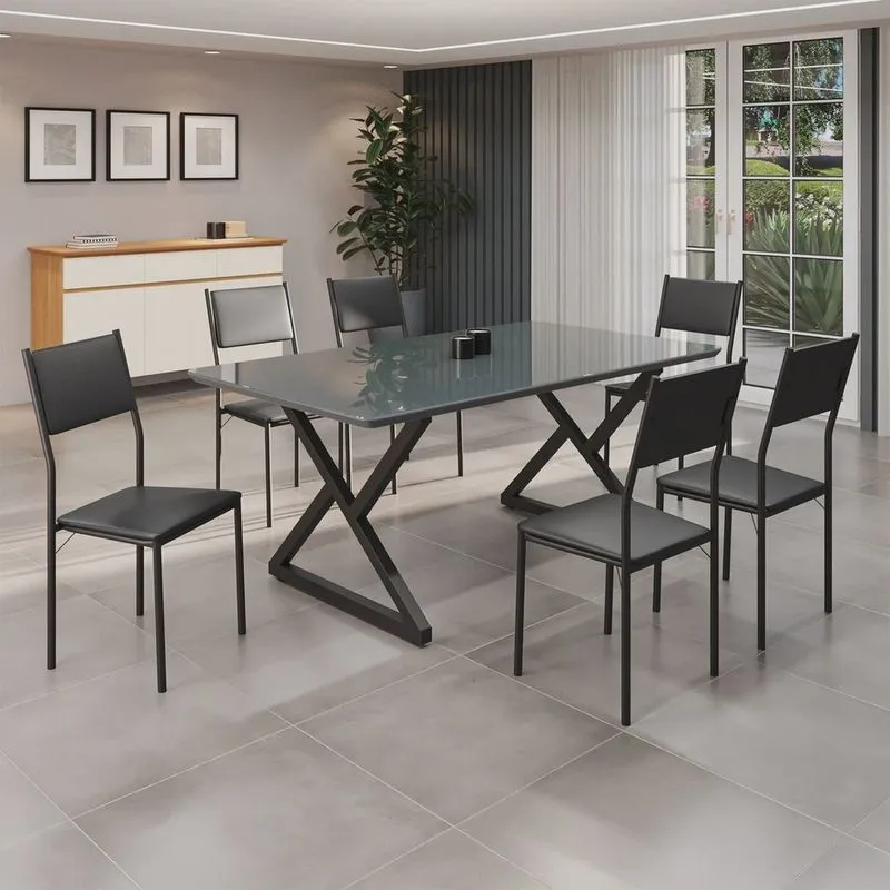 Conjunto Sala de Jantar Mesa 160x90cm Base Império Tampo Mdf Laca com Vidro Florença