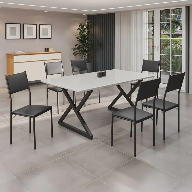 Conjunto Sala de Jantar Mesa 160x90cm Base Império Tampo Mdf Laca com Vidro Florença