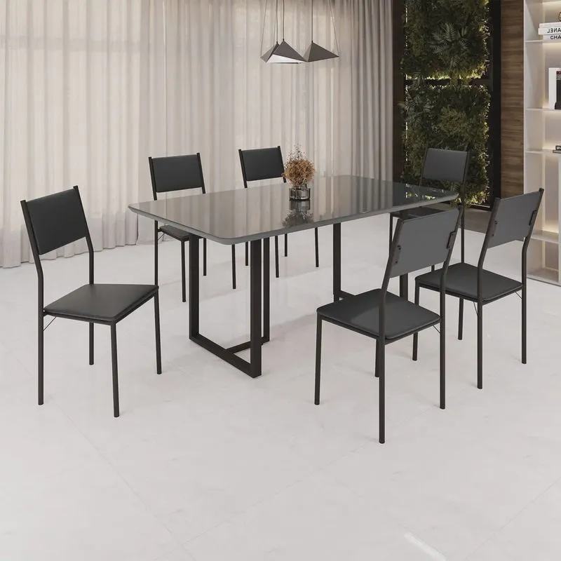 Conjunto Sala de Jantar Mesa 160x90cm Base Lunna Tampo Mdf Laca com Vidro Florença Preto