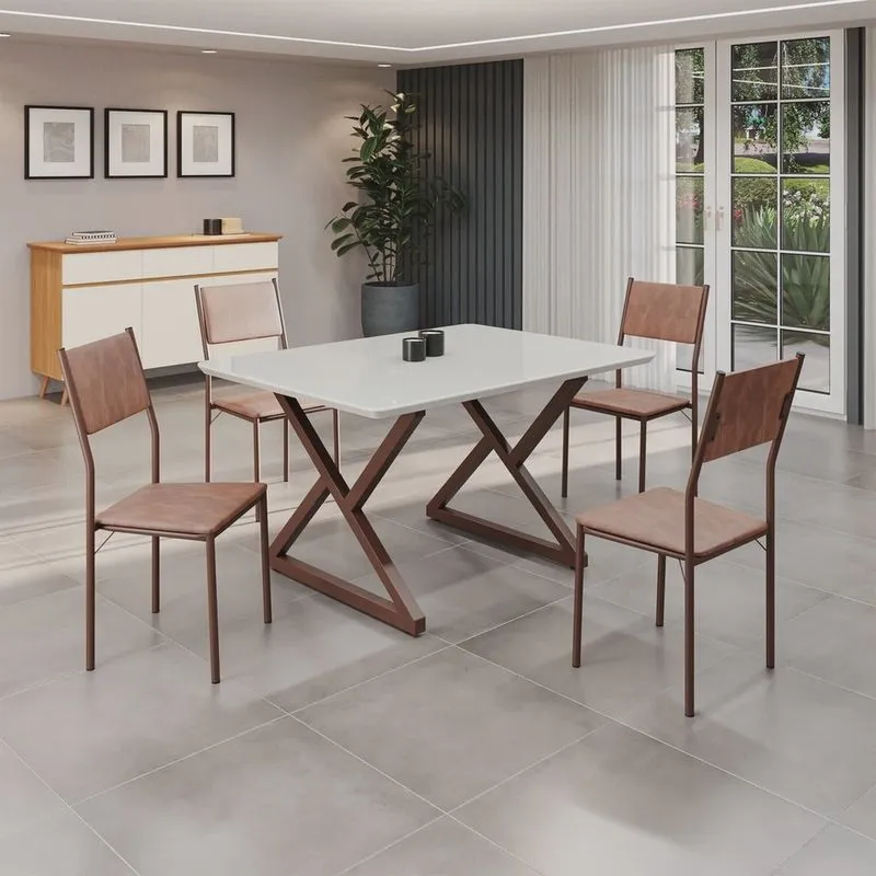 Conjunto Sala de Jantar Mesa 120x90cm Base Império Tampo Mdf Laca com Vidro Florença