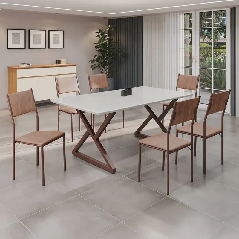 Conjunto Sala de Jantar Mesa 160x90cm Base Império Tampo Mdf Laca com Vidro Florença