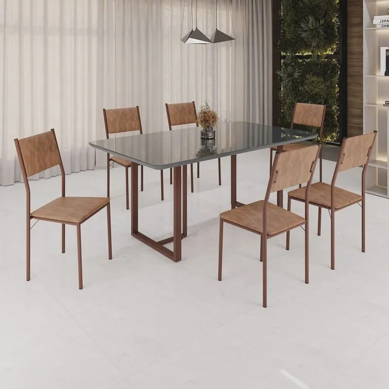 Conjunto Sala de Jantar Mesa 160x90cm Base Lunna Tampo Mdf Laca com Vidro Florença Marrom