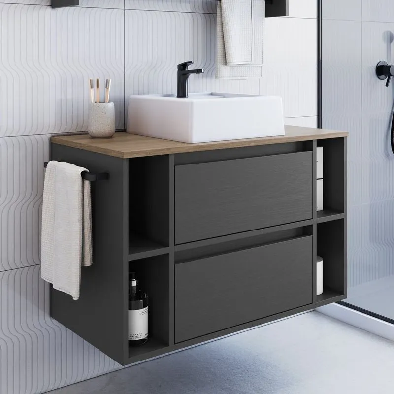 Gabinete De Banheiro Suspenso 80cm Com 4 Nichos 1 Toalheiro 1 Porta 1 Gaveta Bh8010 Com Cuba Preto/mel/grafite Mel/grafite