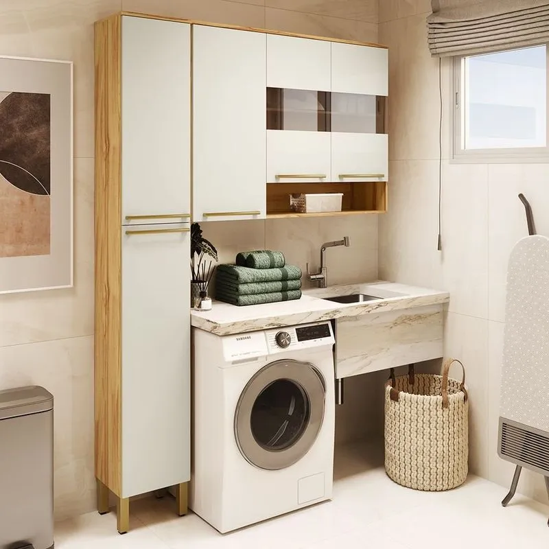 Conjunto Para Lavanderia Com 2 Peças 100% Mdf Com Vidro Reflecta Itália Espresso Móveis Amêndoa/off White