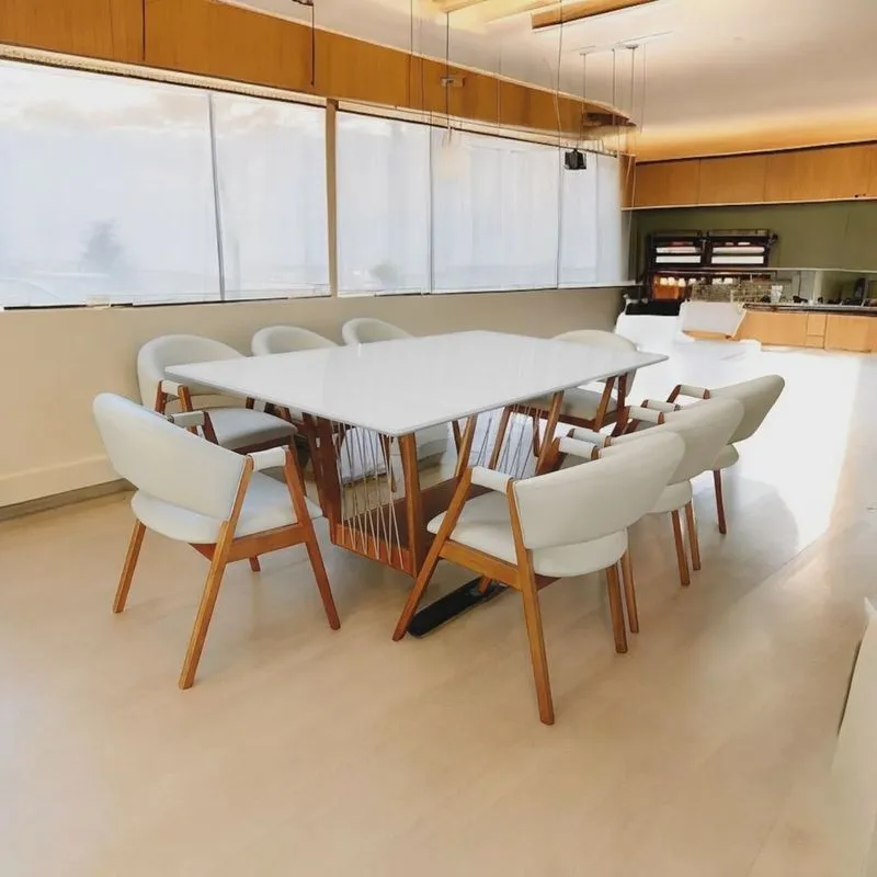 Sala de Jantar Olivia base + tampo 2,20x1,10, com 8 Cadeiras Olivia Verniz Nogueira Branco