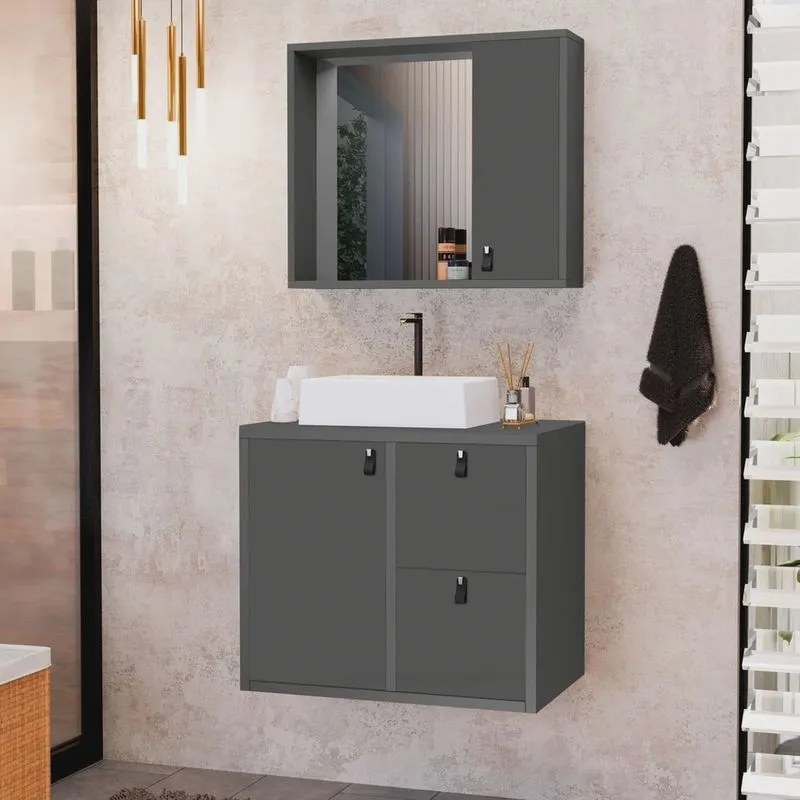 Conjunto Gabinete para Banheiro com Cuba Sobrepor e Espelheira Toro 60 Cm Grafite