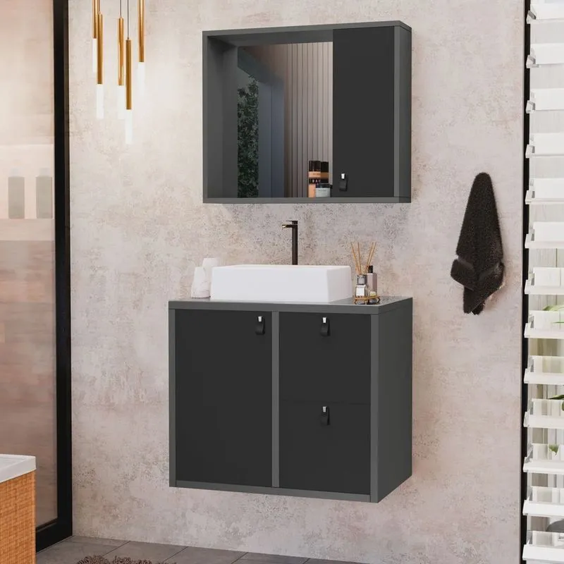 Conjunto Gabinete para Banheiro com Cuba Sobrepor e Espelheira Toro 60 Cm com Vidro