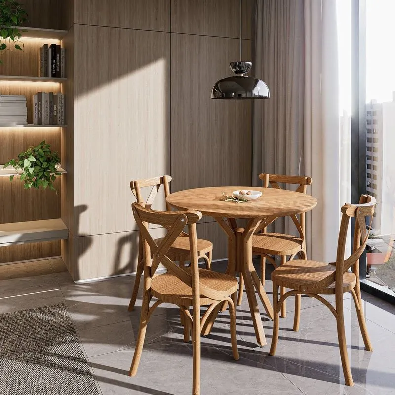 Conjunto Mesa Jantar Redonda 4 Cadeiras 90cm Madeira Maciça Nozes Lisboa Marrom Nozes