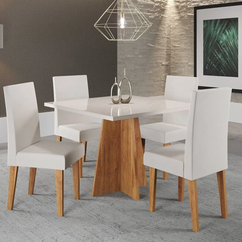 Mesa De Jantar Quadrada Decora Com Vidro 90x90 Com 4 Cadeiras Venus Em Mdp/mdf Mel/off White/ Marfim