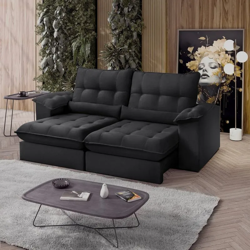 Sofá Retrátil Reclinável Molas Ensacadas Chicago 210 Cm Veludo Preto Preto