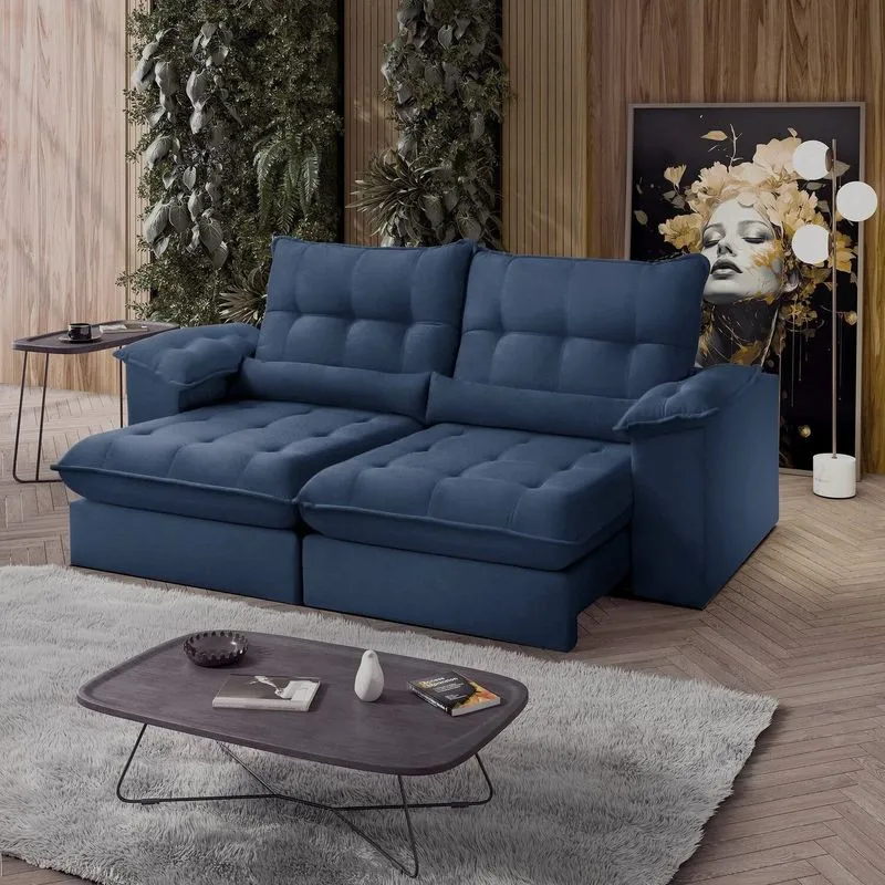 Sofá Retrátil Reclinável Molas Ensacadas Chicago 210 Cm Veludo Azul Azul