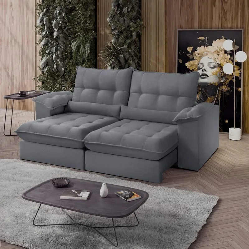 Sofá Retrátil Reclinável Molas Ensacadas Chicago 250 Cm Cinza Cinza