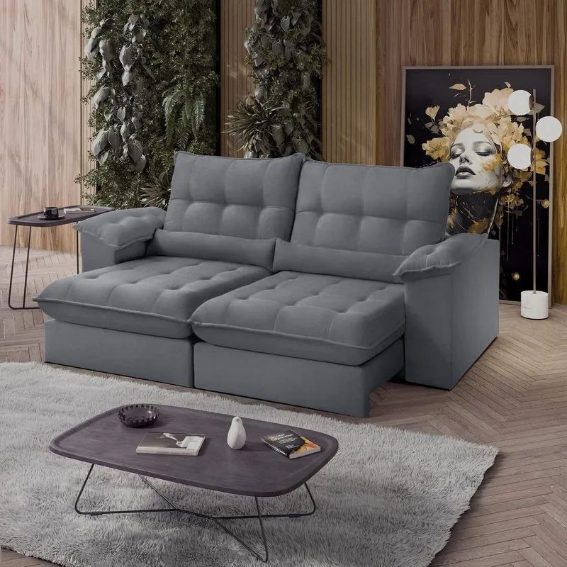 Sofá Retrátil Reclinável Molas Ensacadas Chicago 270 Cm Cinza Cinza