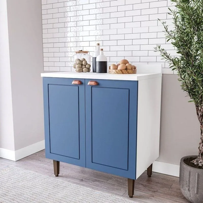 Balcão Para Cozinha 2 Portas 80cm Com Tampo Pérola Branco E Azul Yescasa Branco/azul