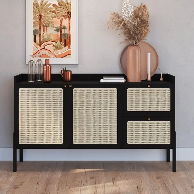 Balcão Buffet 2 Portas 2 Gavetas 139cm Palhinha Pé Madeira Preto/nero Nero/preto