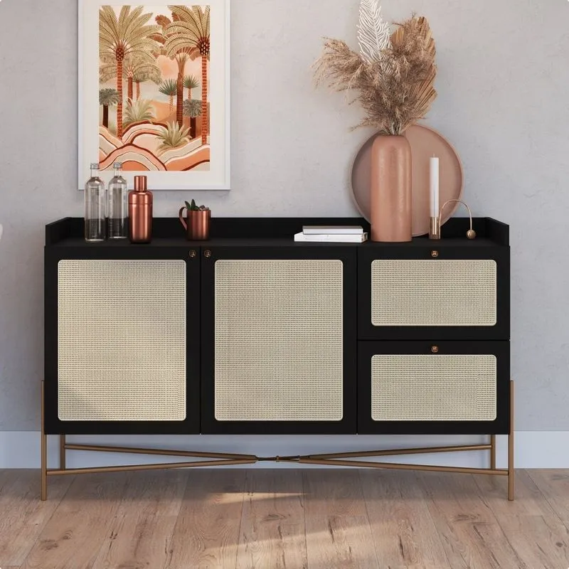 Balcão Buffet 2 Portas 2 Gavetas 139cm Palhinha Pé Metal Preto/nero/dourado Nero/dourado