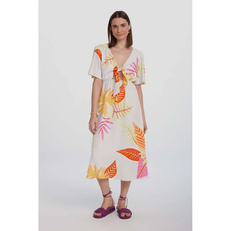 Vestido Midi Estampado Evasê - Bege XG