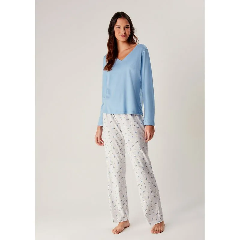 Pijama Feminino Longo Em Malha - Azul P