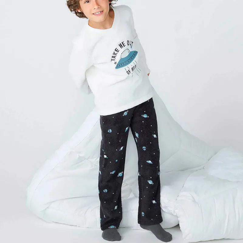Pijama Hering Kids Menino Longo em Fleece Off White KVTX1JSI 14 / Branco