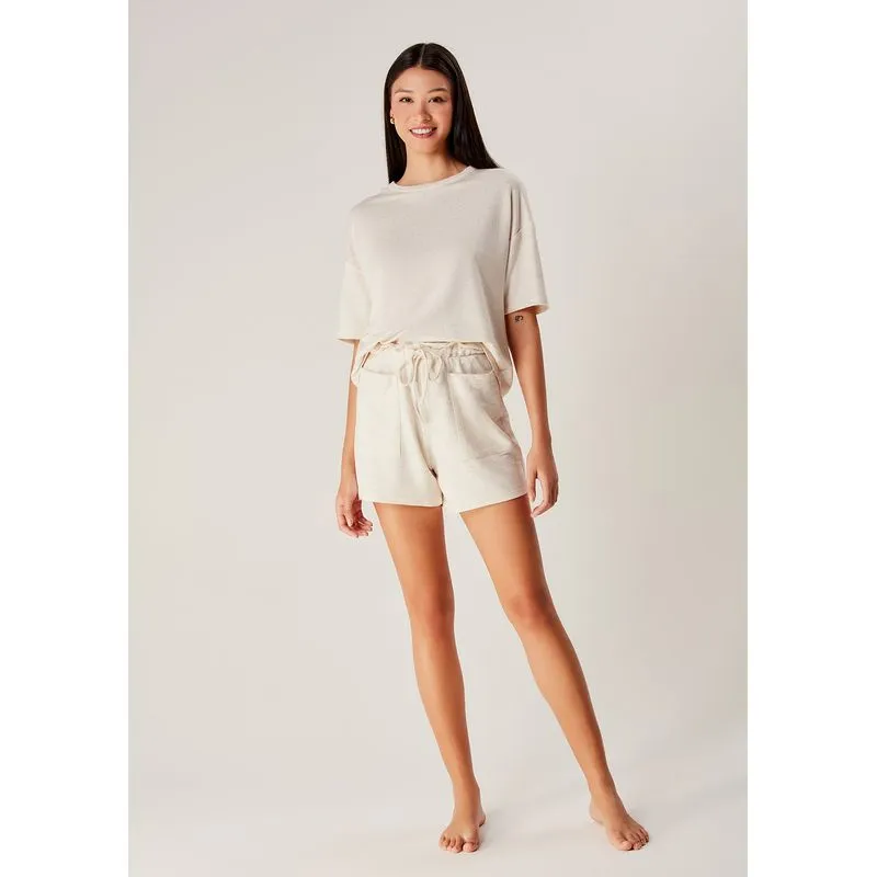 Pijama Feminino Curto Em Moletinho Com Linho - Bege G