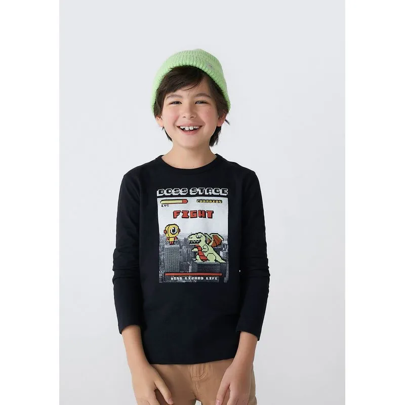 Camiseta Infantil Menino Manga Longa Com Estampa - Preto 004