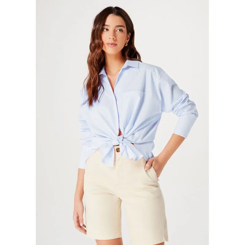 Camisa Feminina Reta Manga Longa Listrada - Azul XP