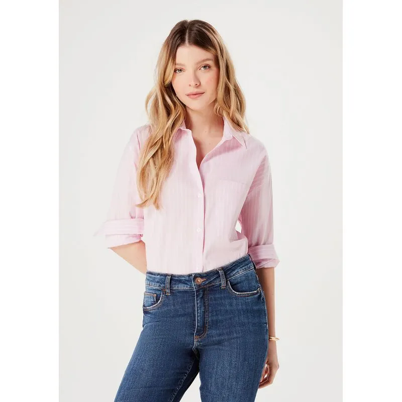Camisa Feminina Reta Manga Longa Listrada - Rosa XP