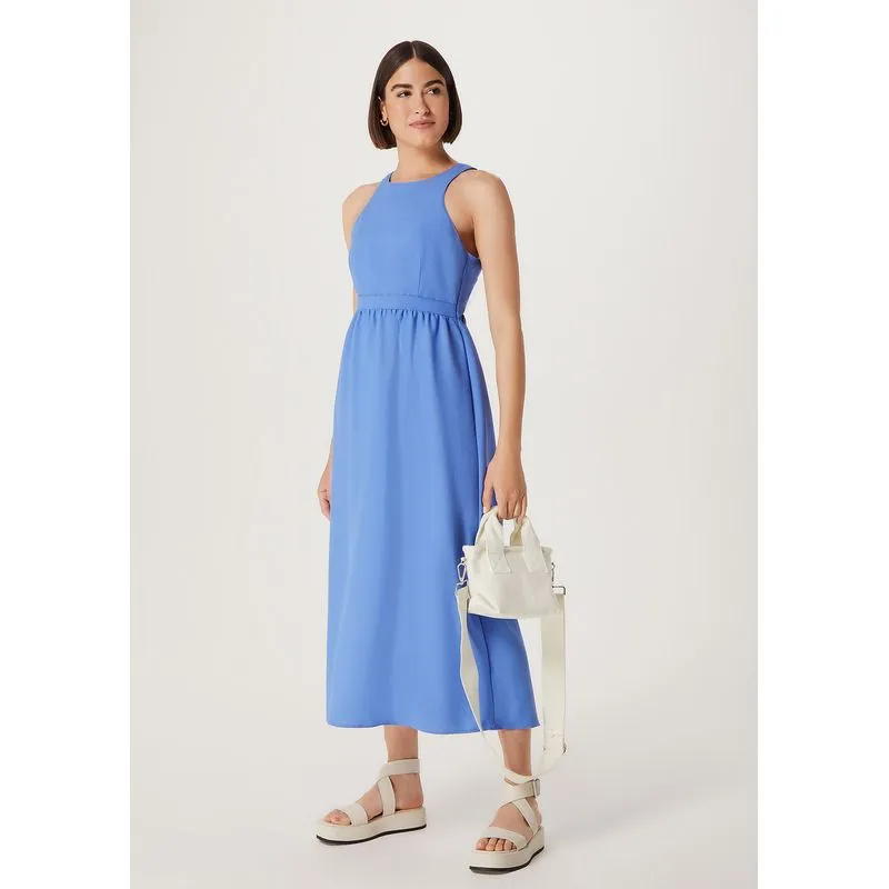 Vestido Midi Acinturado Em Viscose - Azul XP