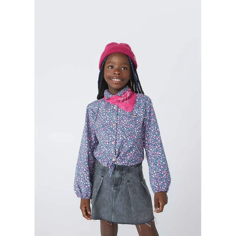 Camisa Infantil Menina Manga Longa Floral Com Amarração - Azul 014
