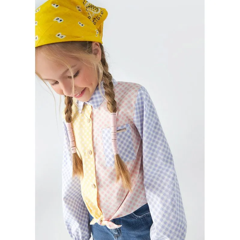 Camisa Infantil Menina Manga Longa Xadrez Com Amarração - Azul 016