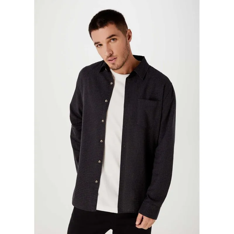 Camisa Masculina Manga Longa Xadrez - Preto G