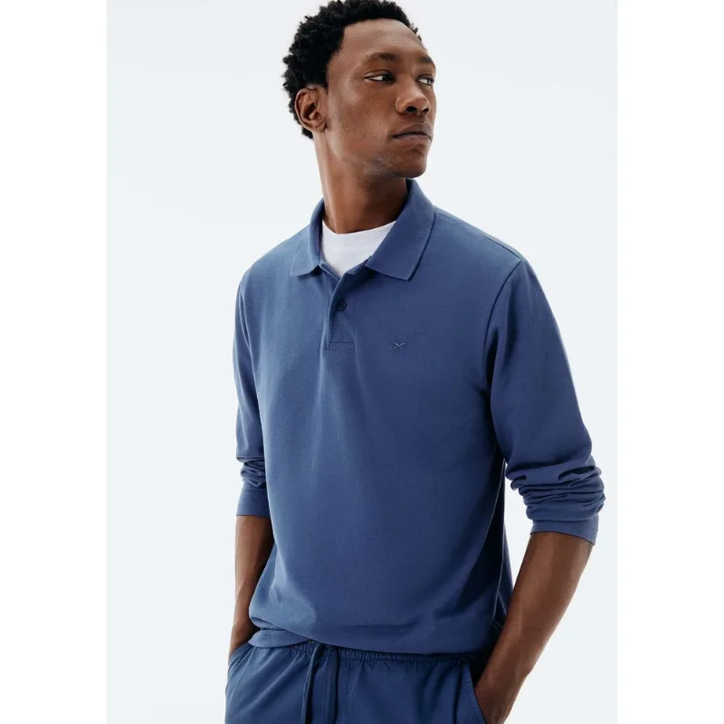 Camisa Polo Masculina Manga Longa Em Piquet - Azul XXG