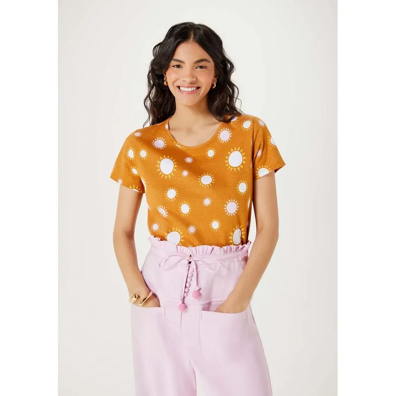 Blusa Feminina Manga Curta Estampada - Laranja XXG