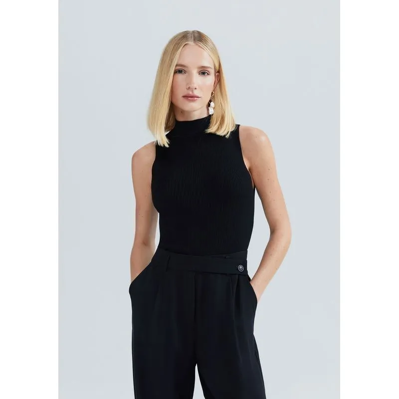 Regata Básica Feminina Gola Alta Em Tricô Canelado - Preto XG