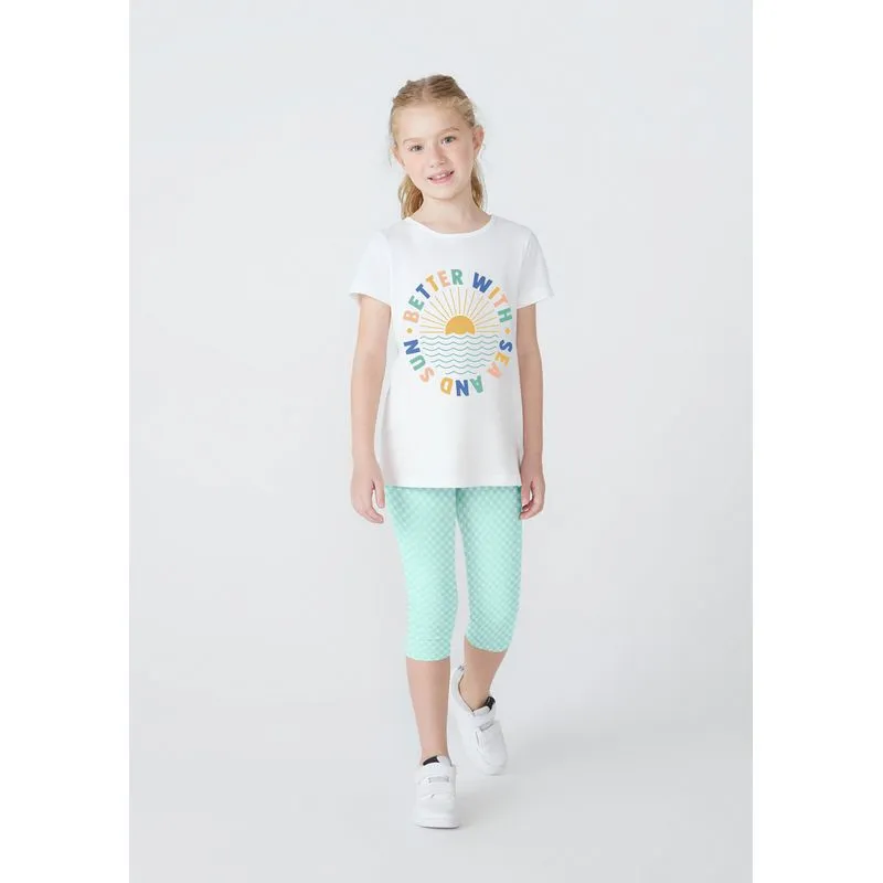 Conjunto Infantil Menina Camisa Manga Curta Com Calça Estampada - Off white 006