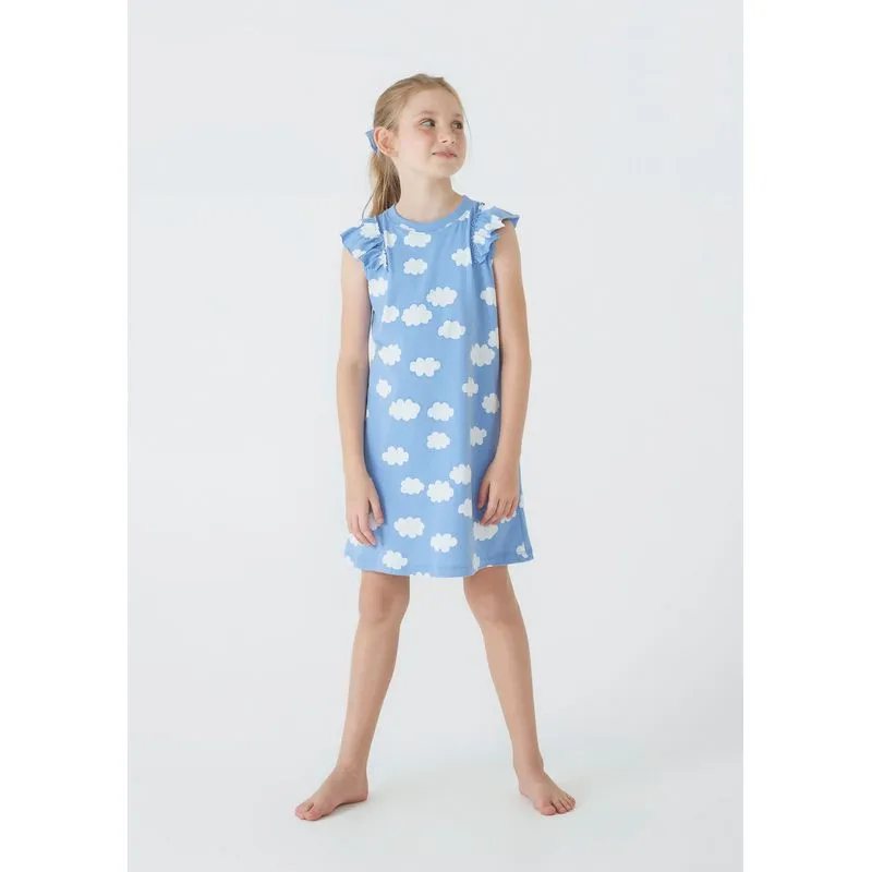 Camisola Infantil Feminina Mangas Com Babados + Scrunchie - Azul 012