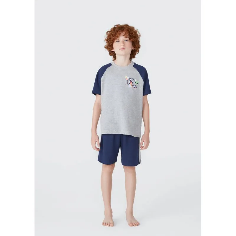 Pijama Infantil Menino Curto Em Malha Texturizada - Cinza 006