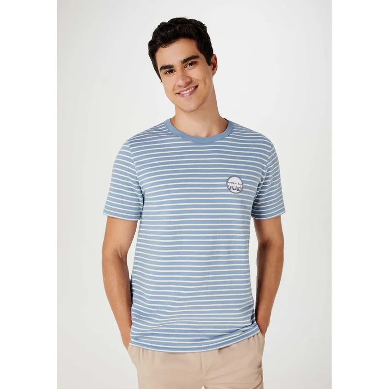 Camiseta Masculina Listrada Com Bordado - Azul P