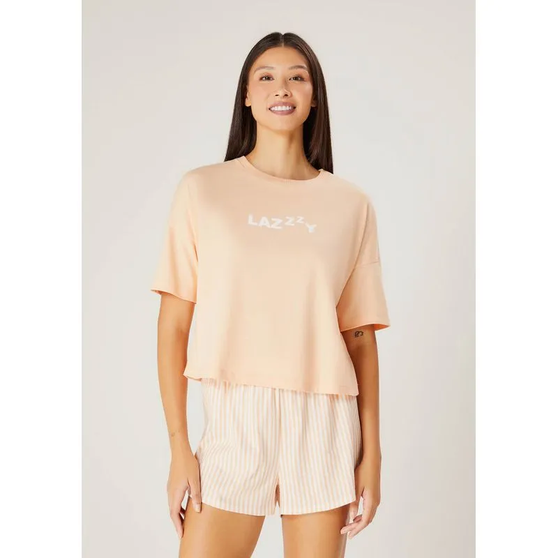Pijama Curto Feminino Box Estampado - Laranja XG