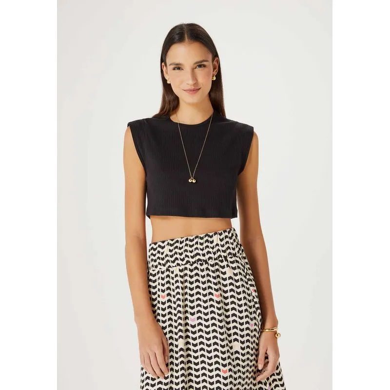 Blusa Cropped Feminina Manga Curta Em Ribana - Preto XXG