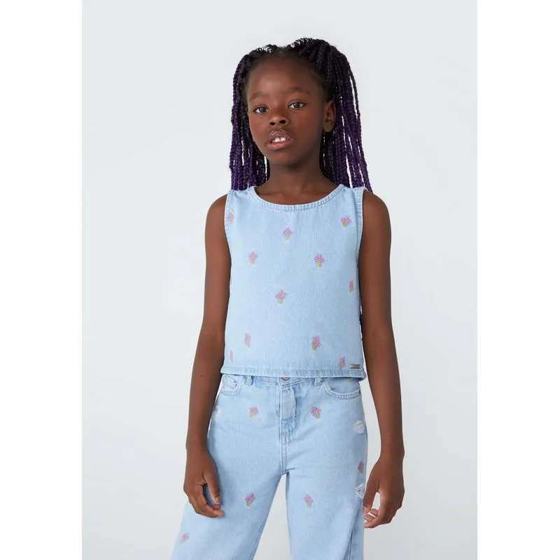 Blusa Regata Jeans Sustentável Infantil Menina Com Bordados - Azul 008