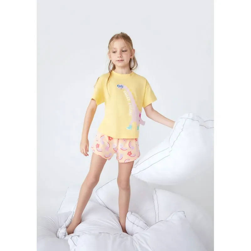 Pijama Infantil Menina Curto Estampado Com Aplique - Amarelo 002