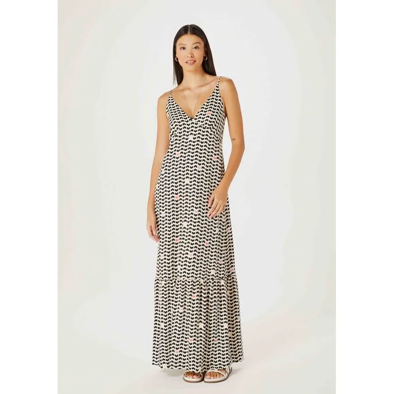 Vestido Midi Evasê Estampado Alças Finas - Preto P