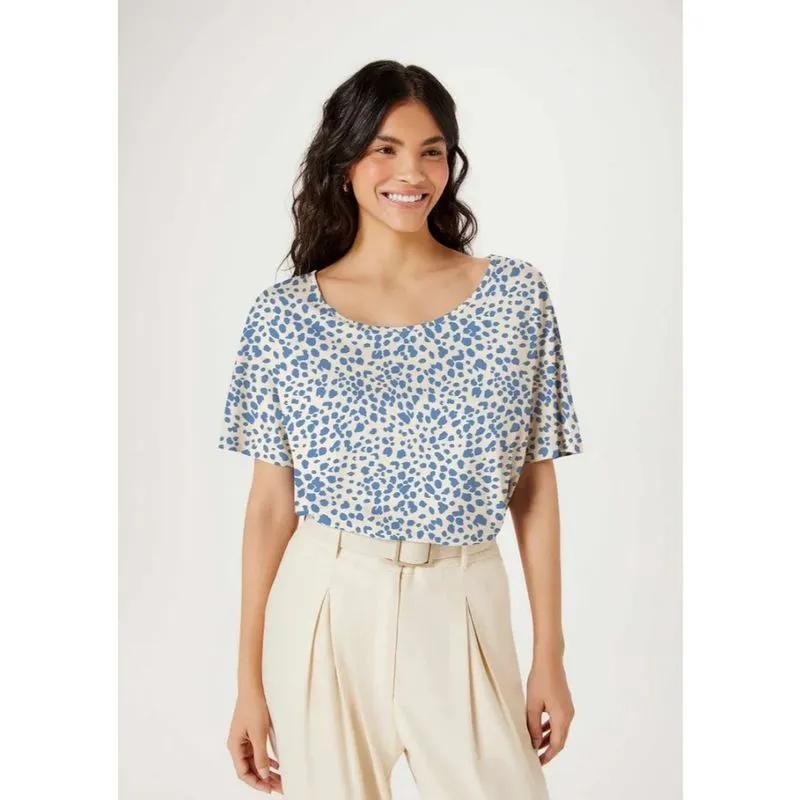 Blusa feminina manga curta hering estampada ampla bege/azul