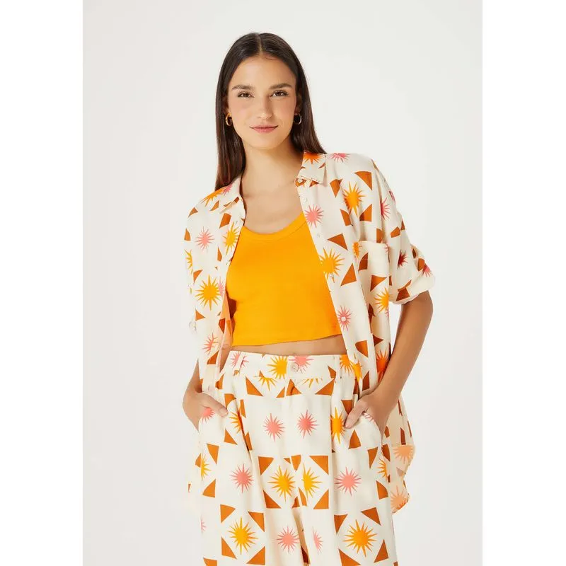 Camisa Feminina Manga Longa Estampada - Off white XG